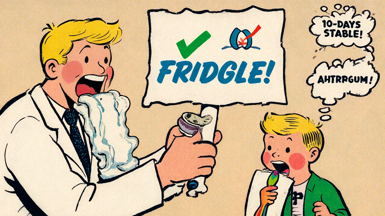 Child gagging at cold antibiotic vs. happy child drinking room-temperature medicine in cartoon style
