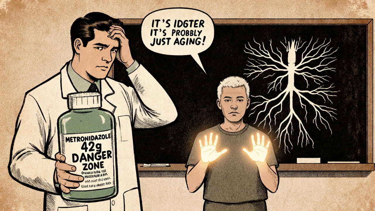Confused doctor holding a metronidazole bottle while patient shows numb hands, chalkboard shows damaged nerves.
