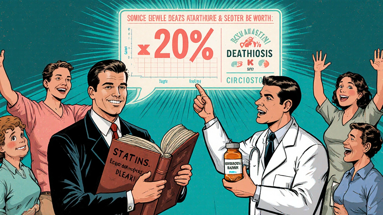 Doctor replacing outdated book about statins with modern evidence chart