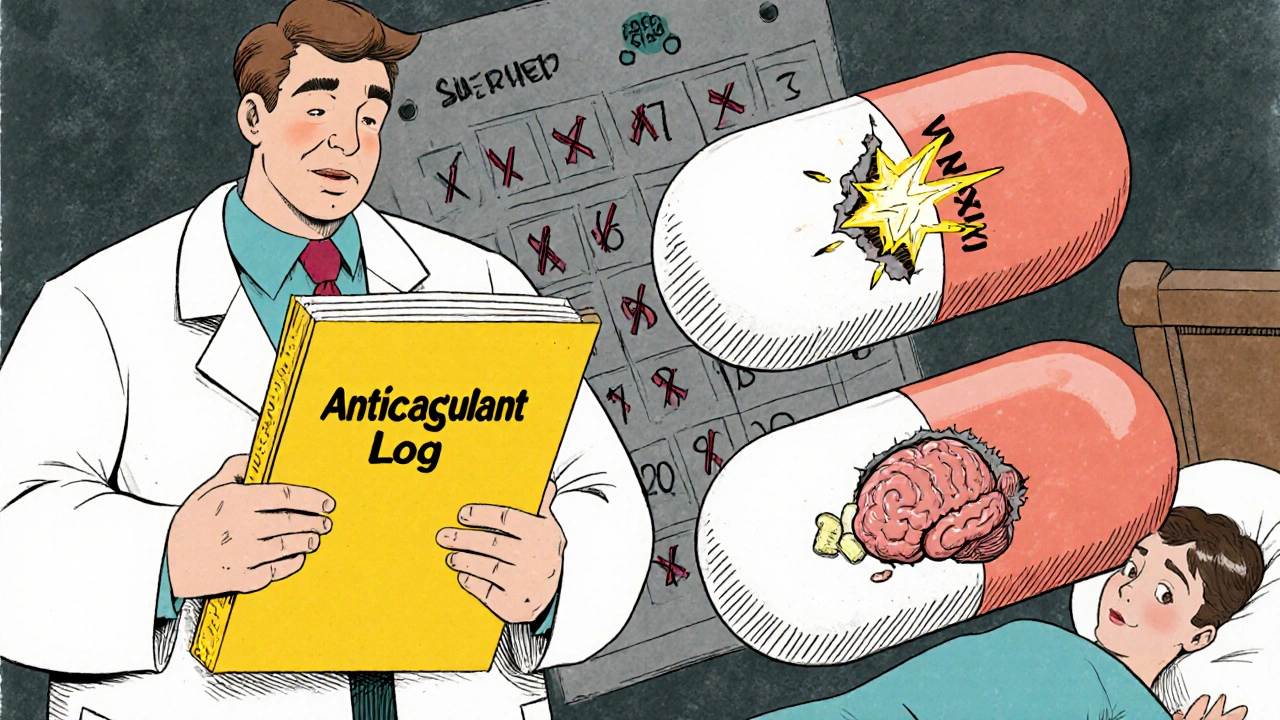 Doctor stops patient from taking two warfarin pills, one cracked open revealing a bleeding brain.