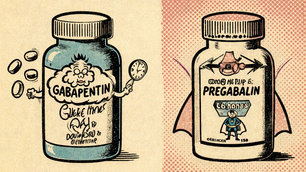 Gabapentin and pregabalin pills compared in a vintage comic style with dosage and speed differences.