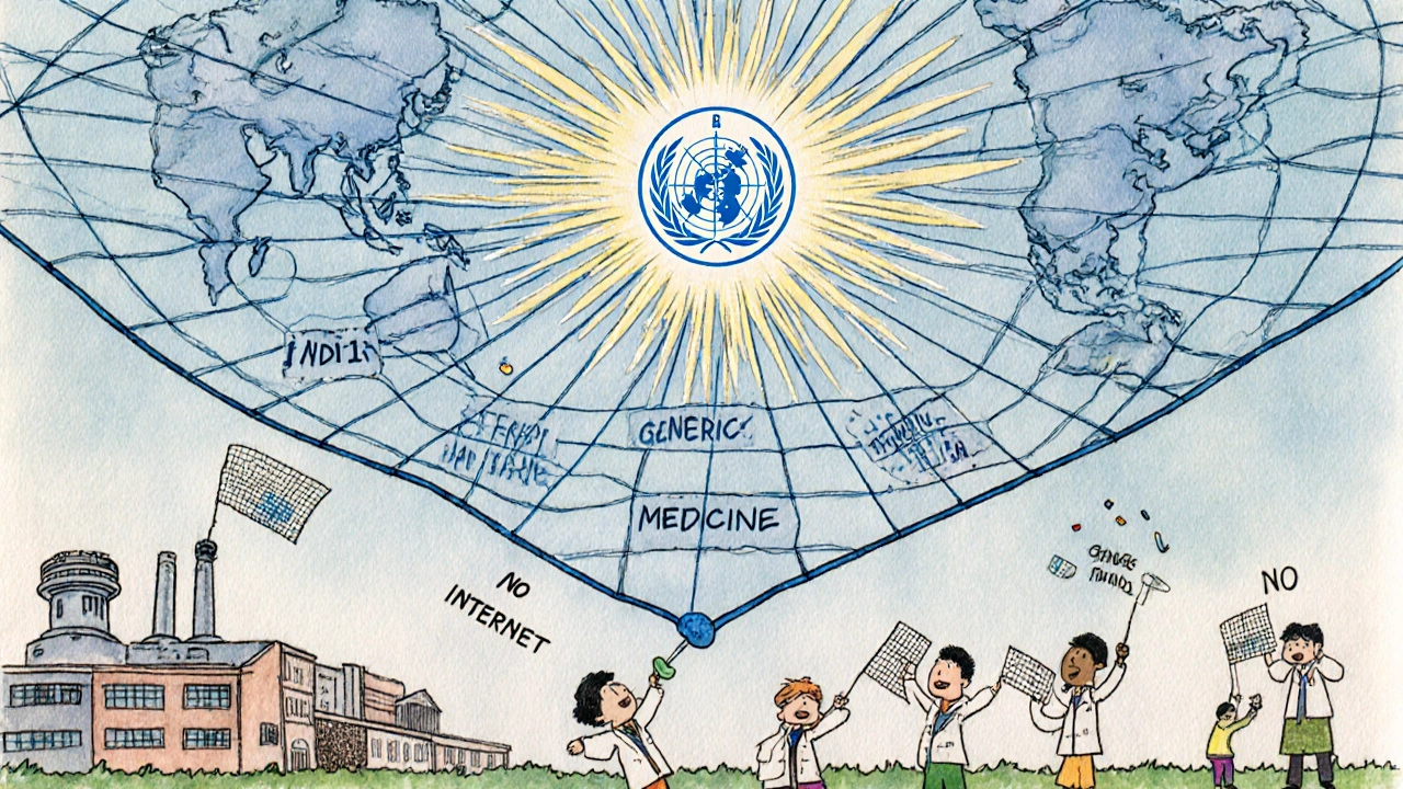 Global safety net catching pills while figures in poor regions hold broken nets labeled with barriers.