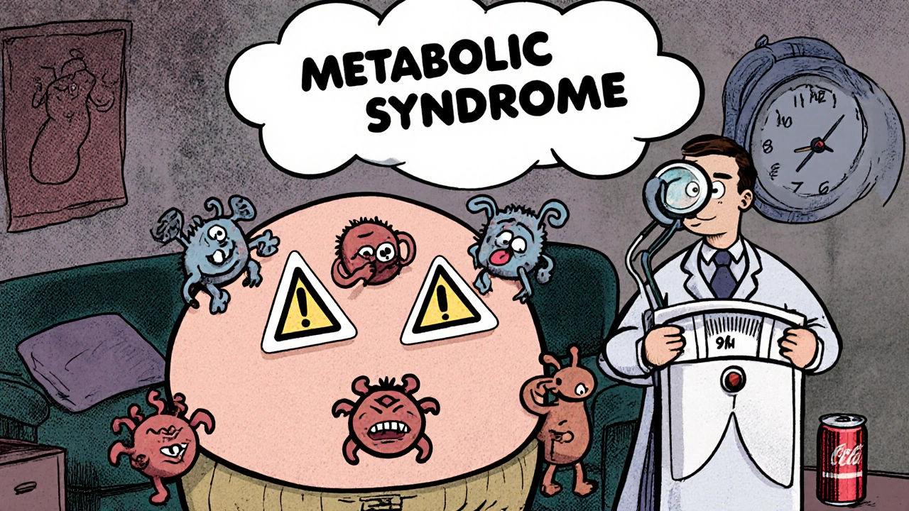 Man with giant belly fat bubble and five cartoon warning signs clinging to him, labeled metabolic syndrome.