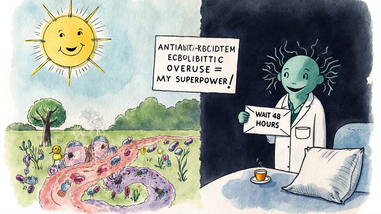 Patient rests with delayed antibiotic prescription as healthy gut bacteria recover, superbug lurks in shadows.