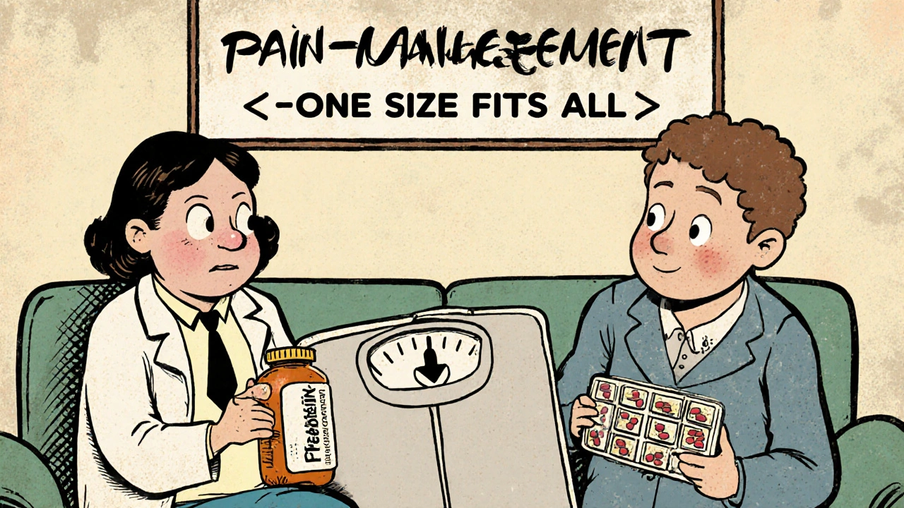 Patient struggling with weight gain from pregabalin vs. dosing challenges with gabapentin in medical cartoon style.