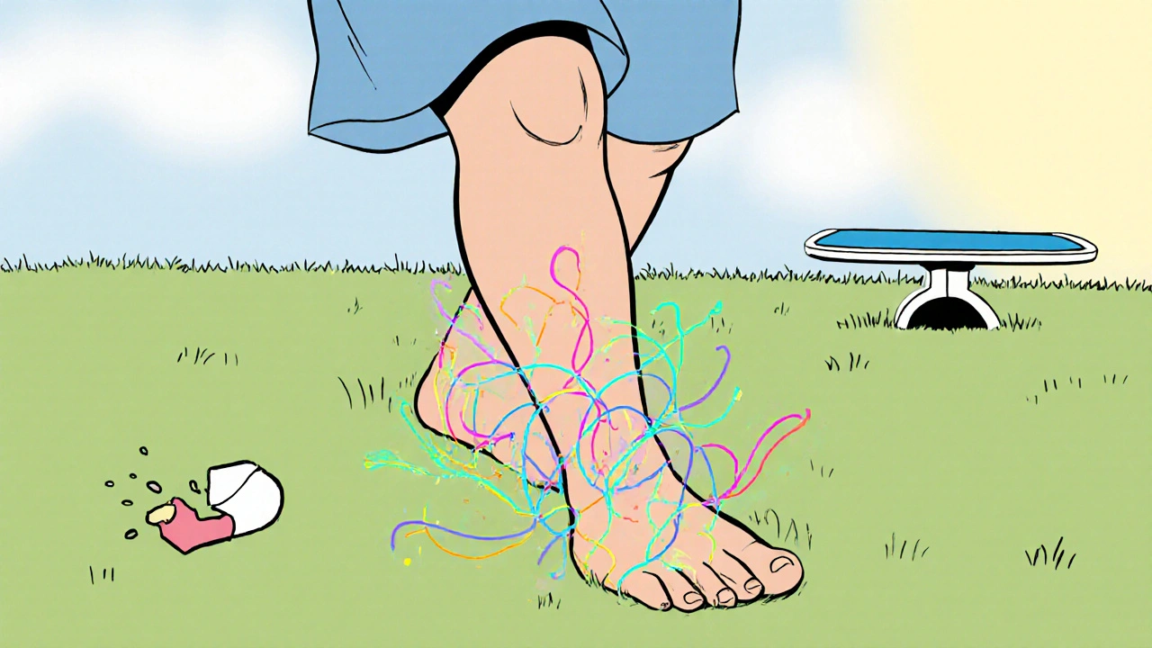 Patient walking barefoot on grass, glowing nerves healing, broken metronidazole pill on ground.