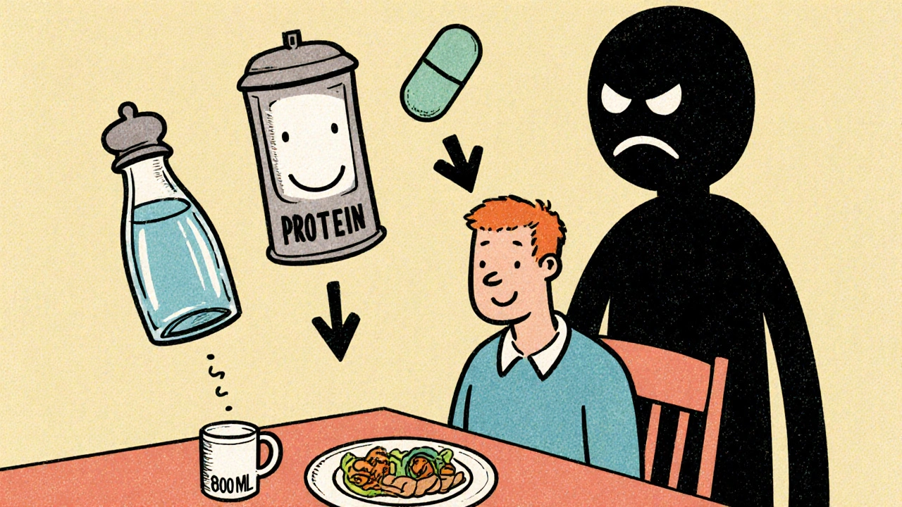 Patient with small water cup beside giant salt and protein icons in a kitchen scene.