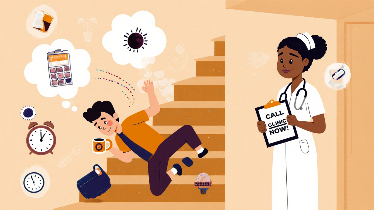 Person falls down stairs with blood clot thought bubble, nurse urges them to call clinic.