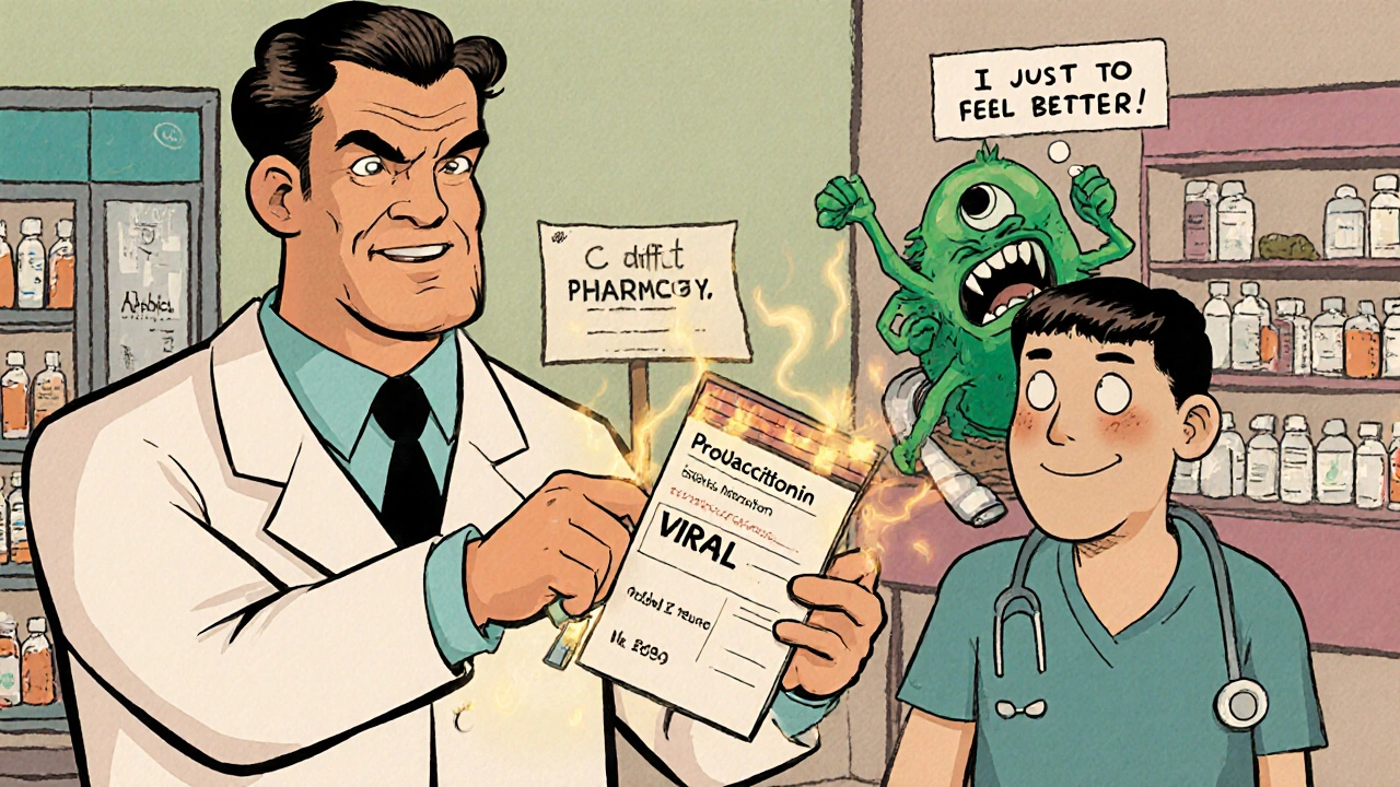 Pharmacist stops doctor from prescribing antibiotics, showing a viral test result while a C. diff monster appears.