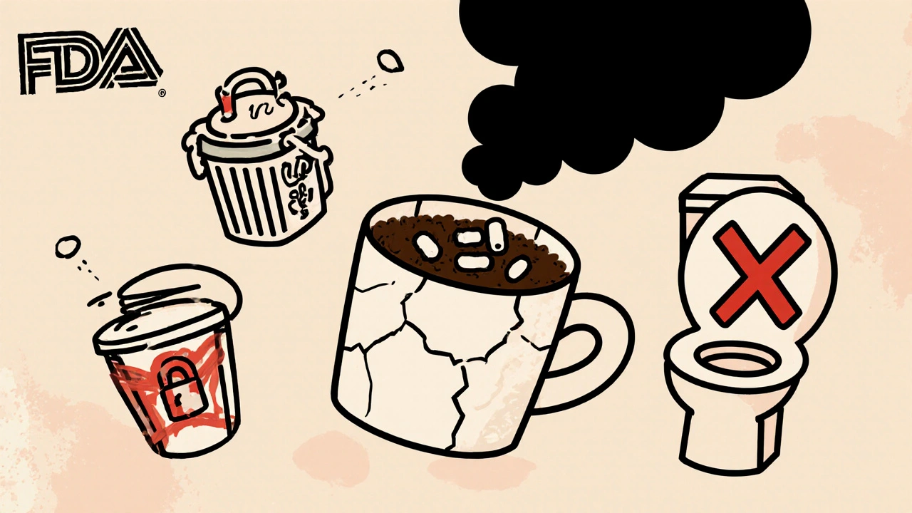 Someone mixes pills with coffee grounds in a mug, with icons showing proper disposal steps.