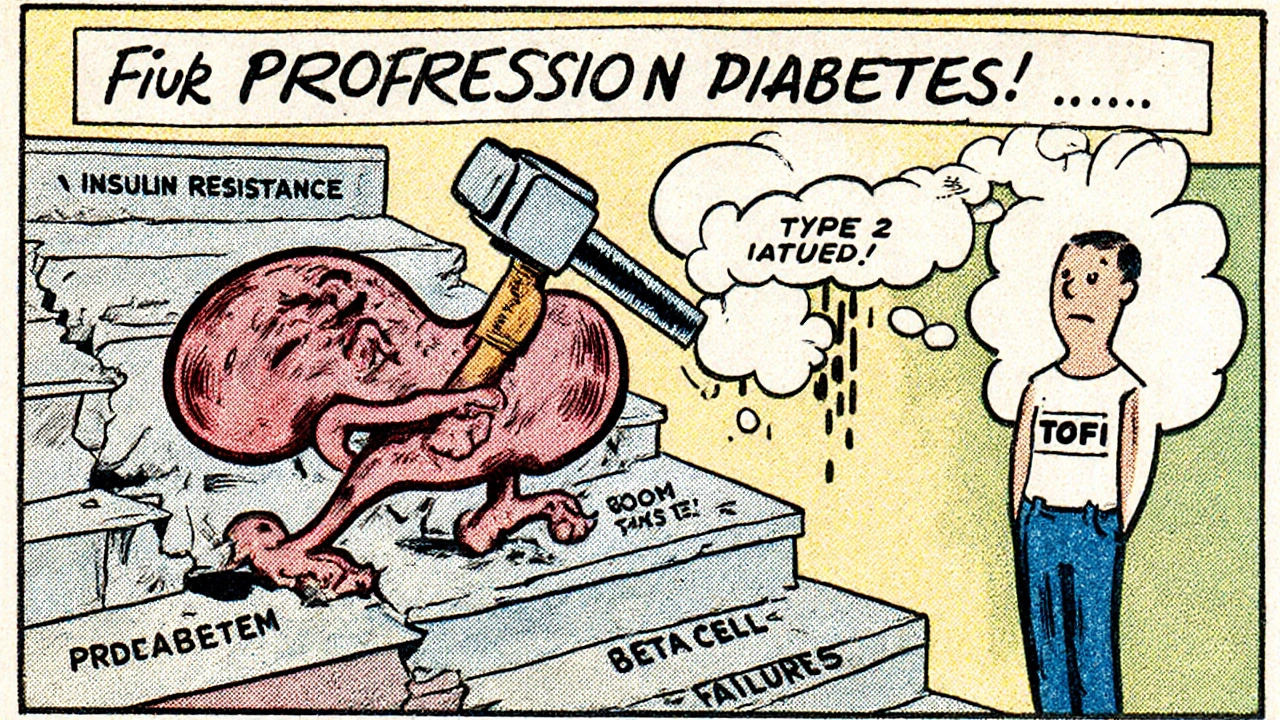 Staircase of diabetes progression with a tired pancreas crumbling under each step, thin person watching from behind.