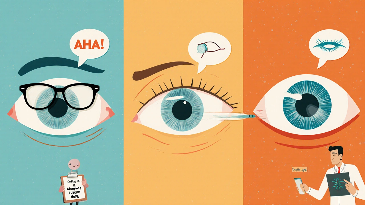 Three cartoon eyes shaped differently, each being corrected by glasses, contacts, and a laser, with hopeful symbols.