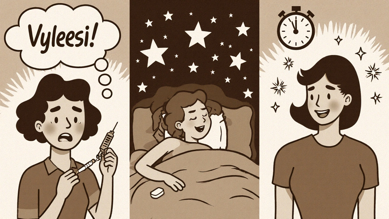 Three cartoon scenes showing Vyleesi injection, Addyi bedtime pill, and Femalegra with time clock and arousal effect.