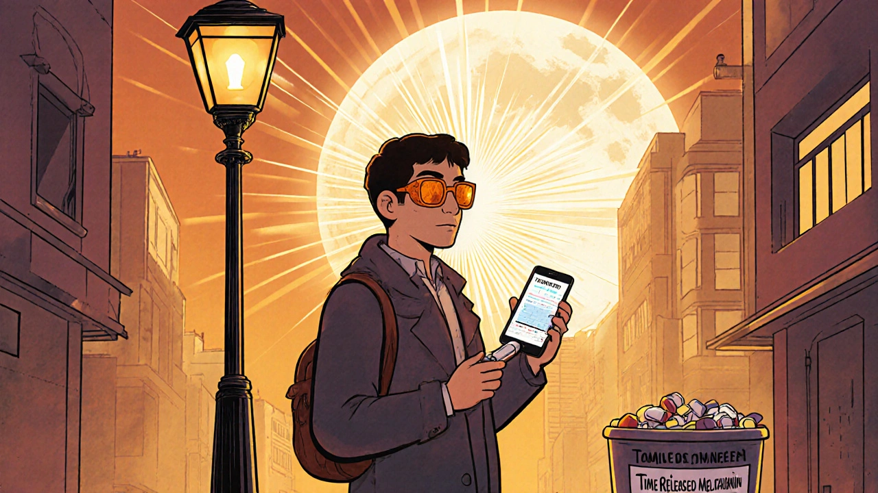 Traveler in orange glasses under a Tokyo lamp, guided by a circadian rhythm app with discarded pills nearby.