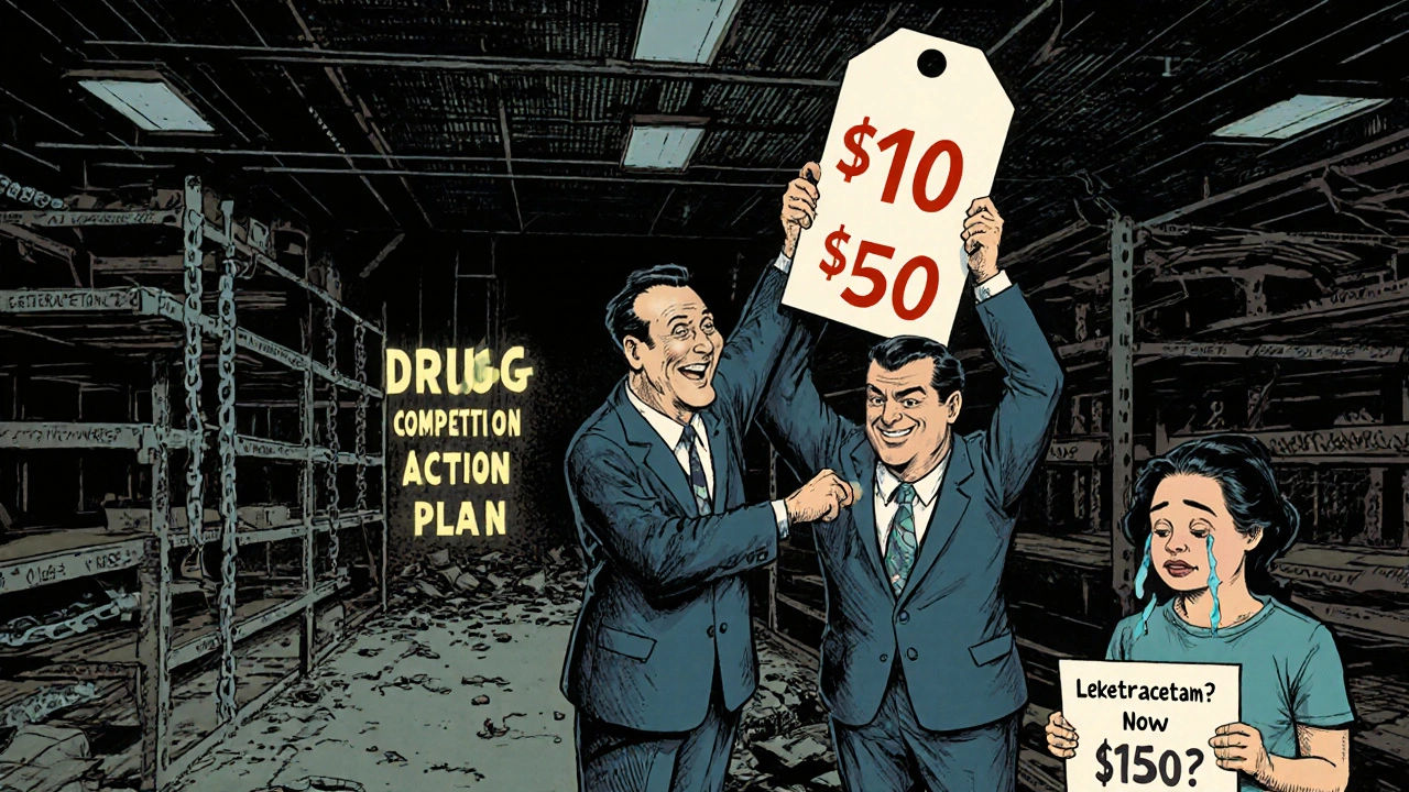 Two manufacturers raising drug prices in a dark warehouse as patients suffer from shortages.