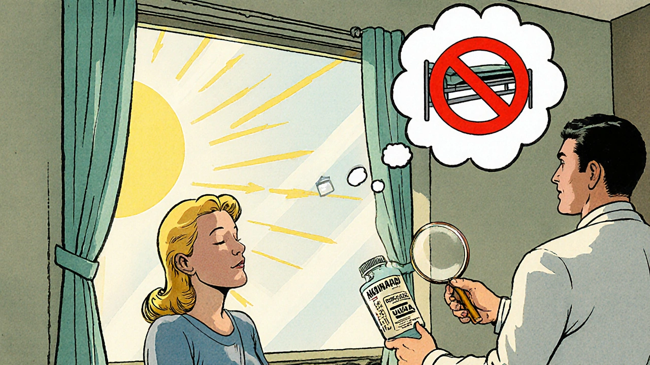 Woman by a window developing a rash as UVA rays enter, with pharmacist offering medication advice.