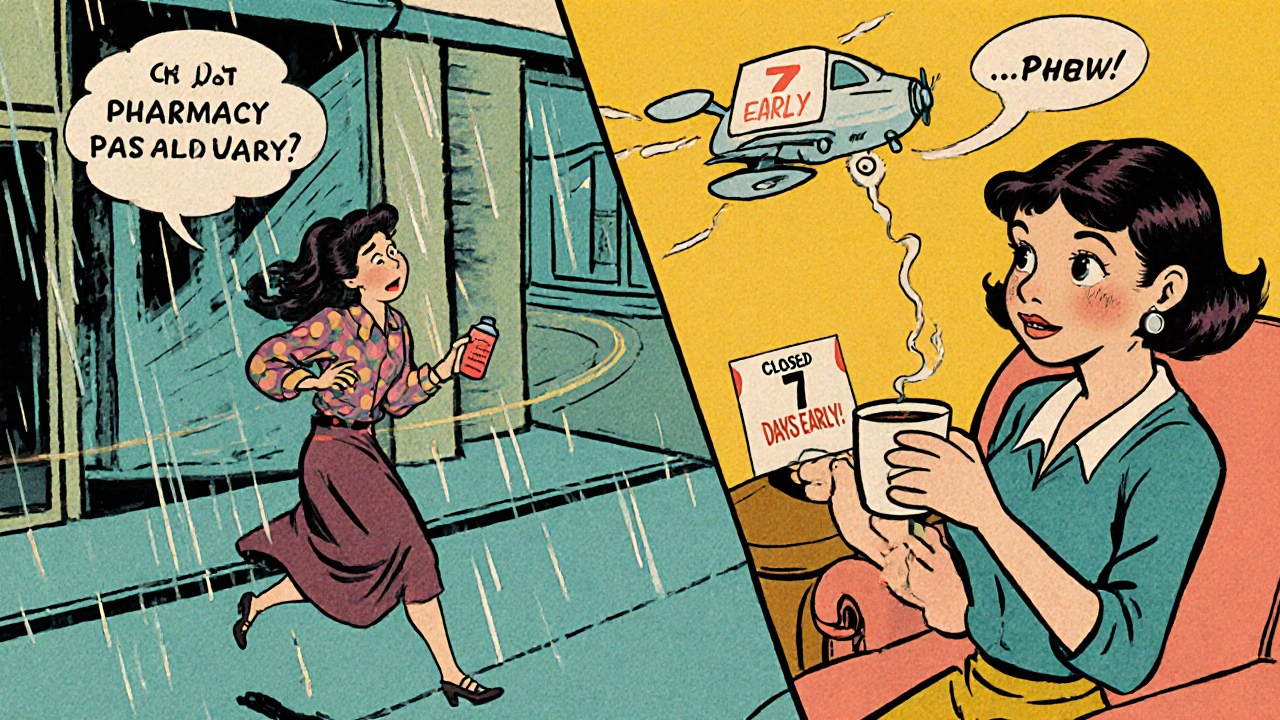 Woman rushing in rain vs. calm at home with delivered pills in retro cartoon style