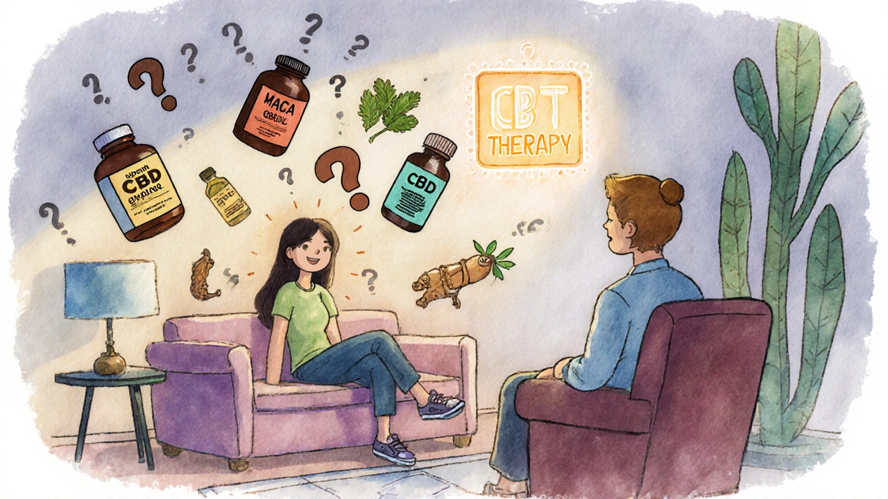 Woman surrounded by herbal supplements while talking to therapist, &#039;CBT Therapy&#039; sign on wall, warm cozy setting.