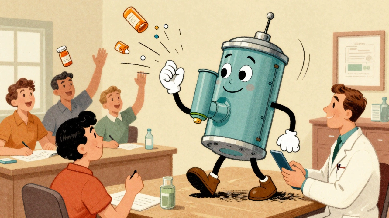 A cartoon inhaler with arms and face sending data to a doctor, while patients celebrate nearby.