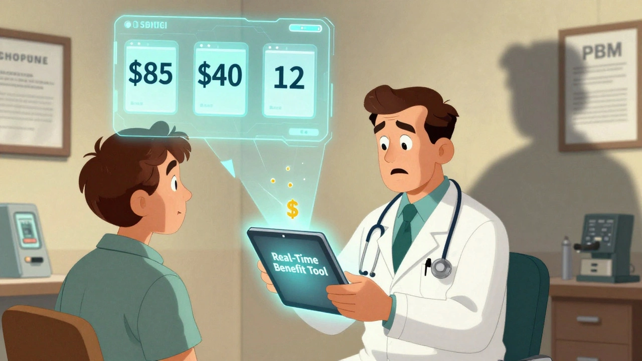 A doctor shows a patient a holographic price comparison of generics on a tablet, with one low-cost option falling into their pocket.