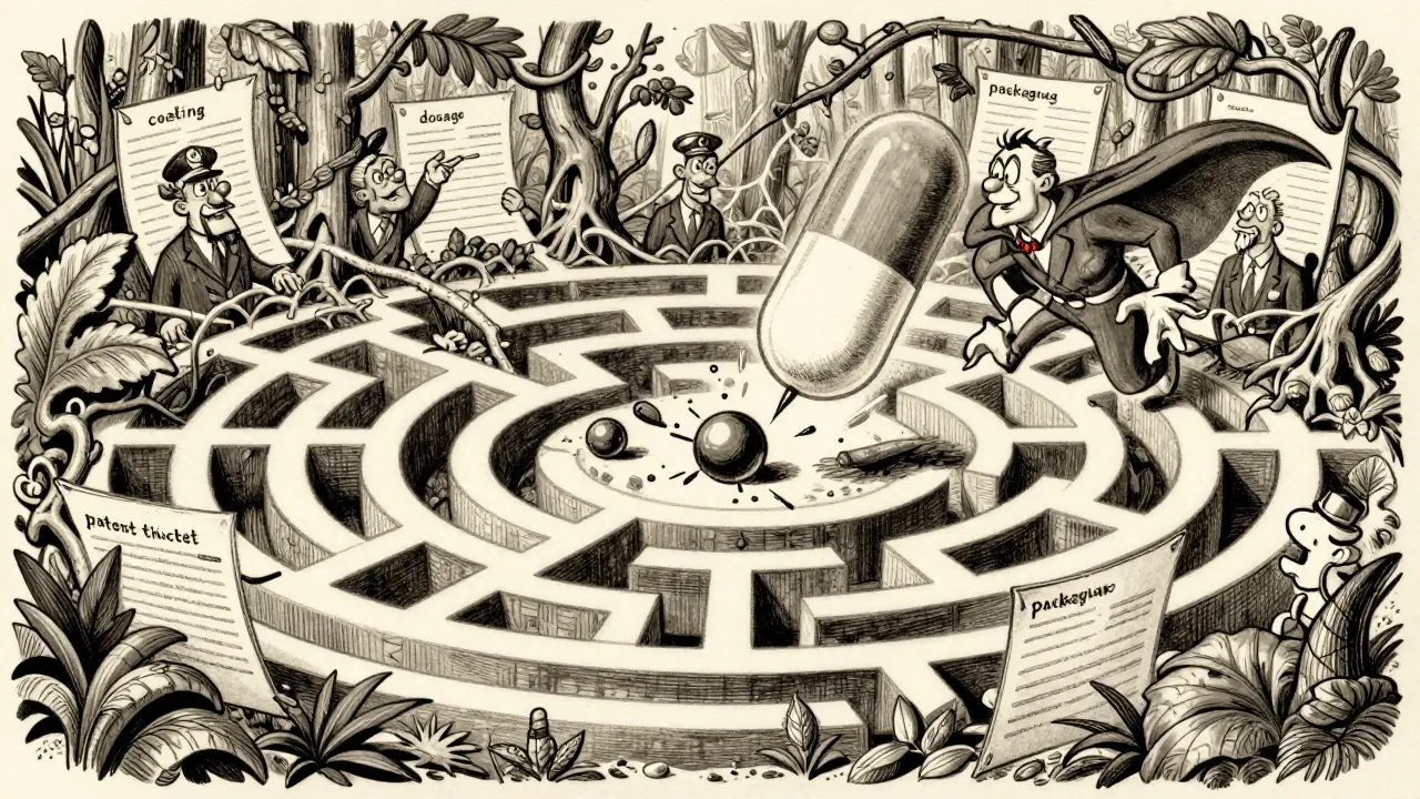 A drug molecule trapped in a jungle of tiny patents, with a heroic generic pill breaking through.