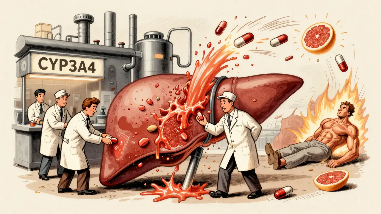 A liver factory with workers processing drugs, flooded by grapefruit juice, causing a patient to collapse.