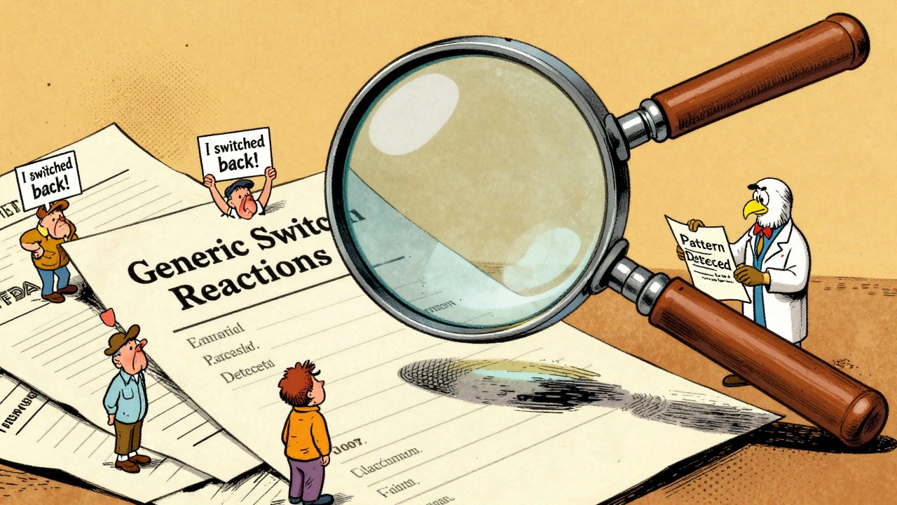 A magnifying glass reveals patterns in patient reports about generic medication side effects in a vintage cartoon scene.