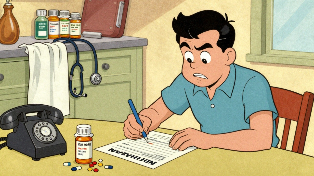 A patient fills out an FDA report form at home with pill bottles and a phone labeled &#039;FDA-1088&#039; nearby.