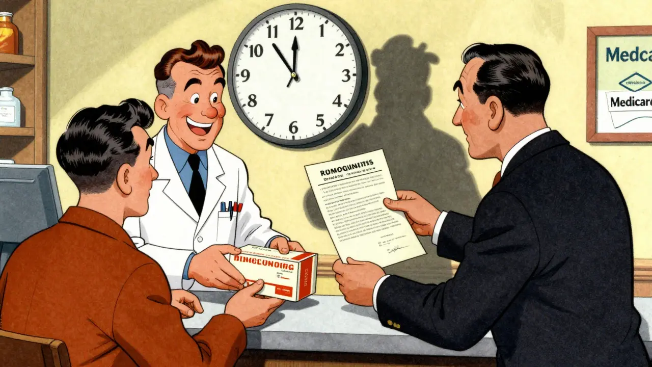 A pharmacist gives a generic drug to a patient while an insurer tries to block the swap at the pharmacy counter.