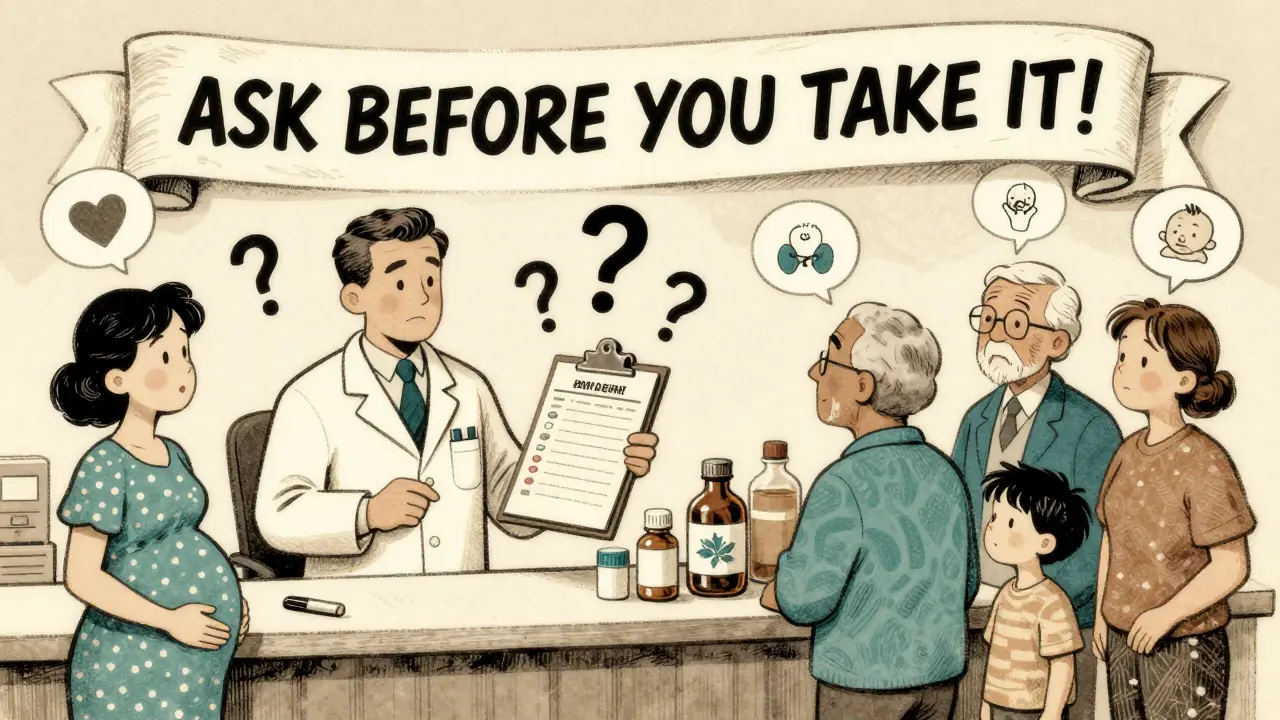 A pharmacist reviewing a medication list with diverse customers nearby, surrounded by floating health warning icons.