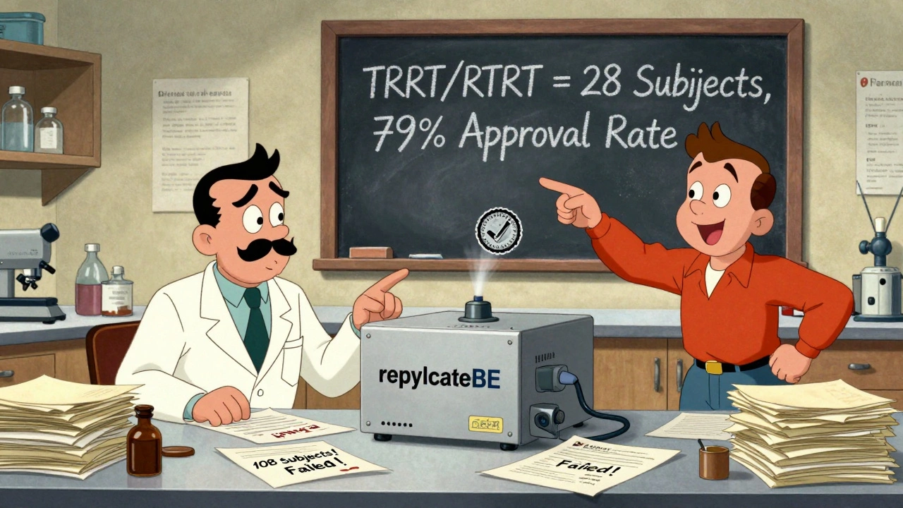 A scientist beside a machine labeled replicateBE producing an approval stamp in a cluttered lab.