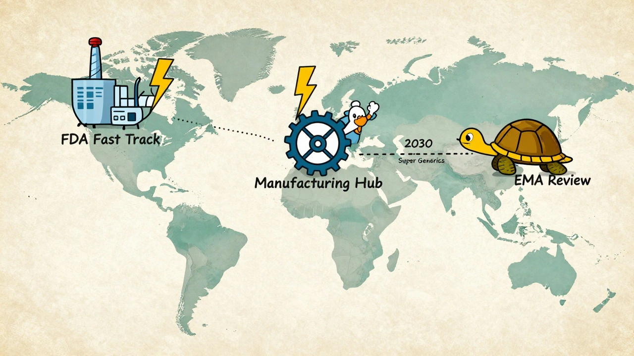 A whimsical global map showing pharmaceutical factories racing toward the future of super generics.