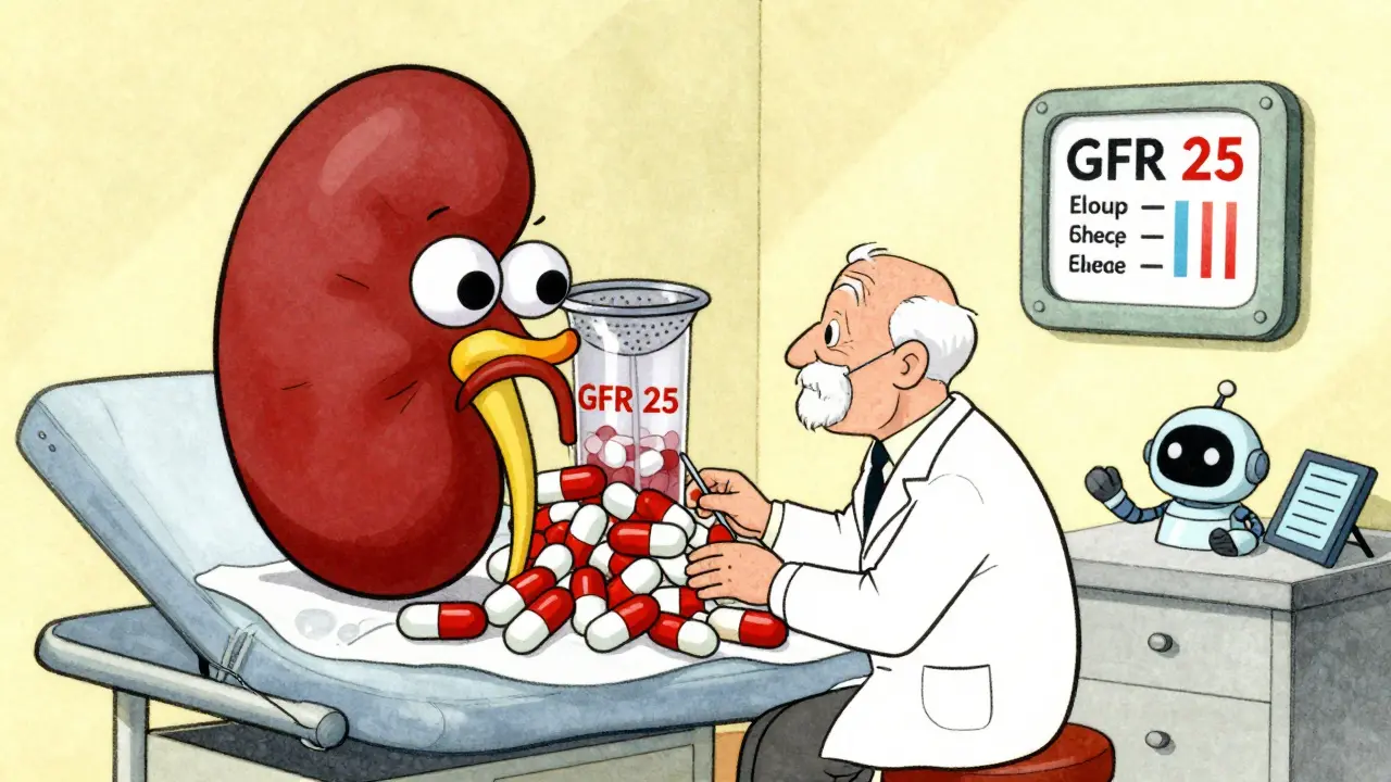 An elderly patient with a giant kidney filtering drugs, an AI robot calculating dose in background.