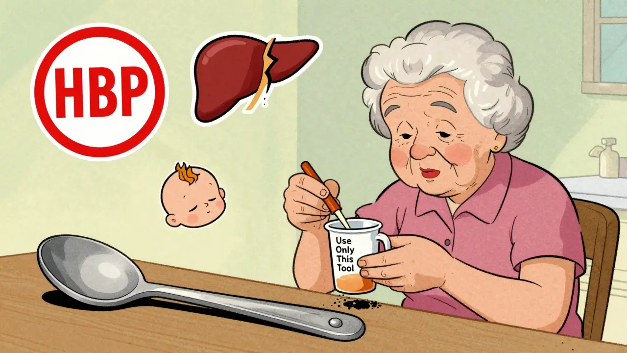 An elderly woman using a dosing cup to measure medicine, with warning icons floating nearby and a discarded kitchen spoon on the counter.