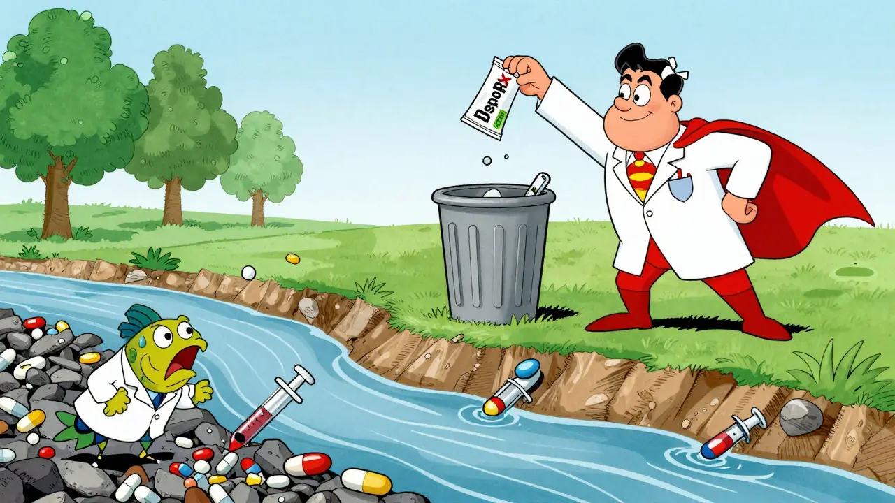 Cartoon fish shocked by medicine pollution as hero saves the river.