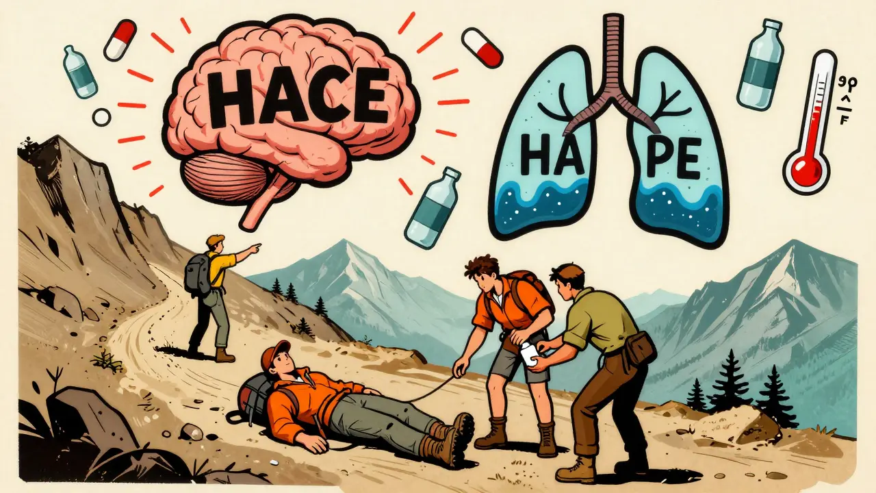 Cartoon medical emergency on high altitude with swollen brain and lungs icons
