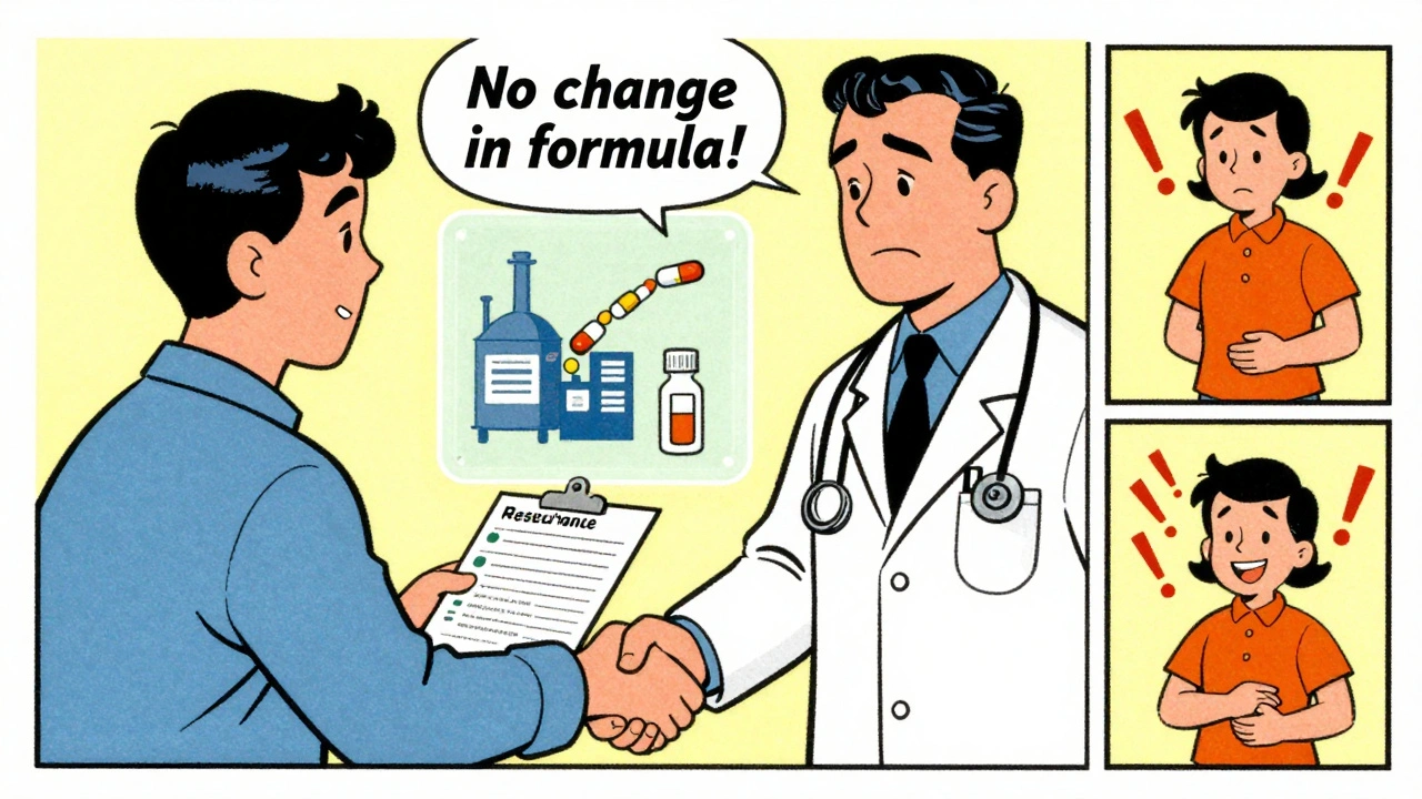 Doctor and patient shaking hands over a prescription, with transparent diagram showing pill manufacturing process.