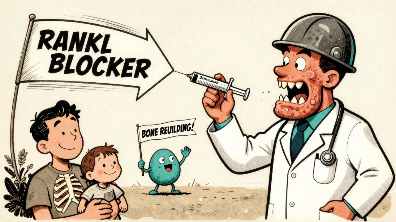 Doctor injects Denosumab to block bone-eating cell, patient holds child with visible fracture.