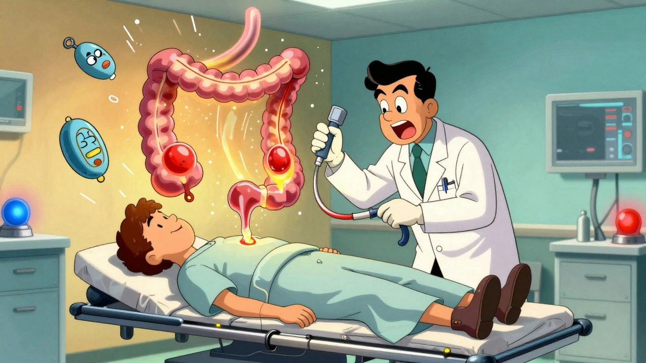 Doctor performing colonoscopy on patient, cartoon colon showing two bleeding sources in ER setting.