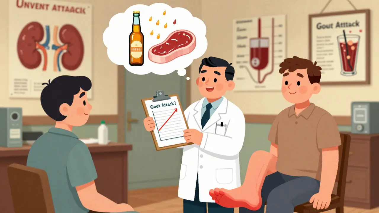 Doctor shows rising uric acid graph to patient with gouty toe, surrounded by alcohol and food triggers.