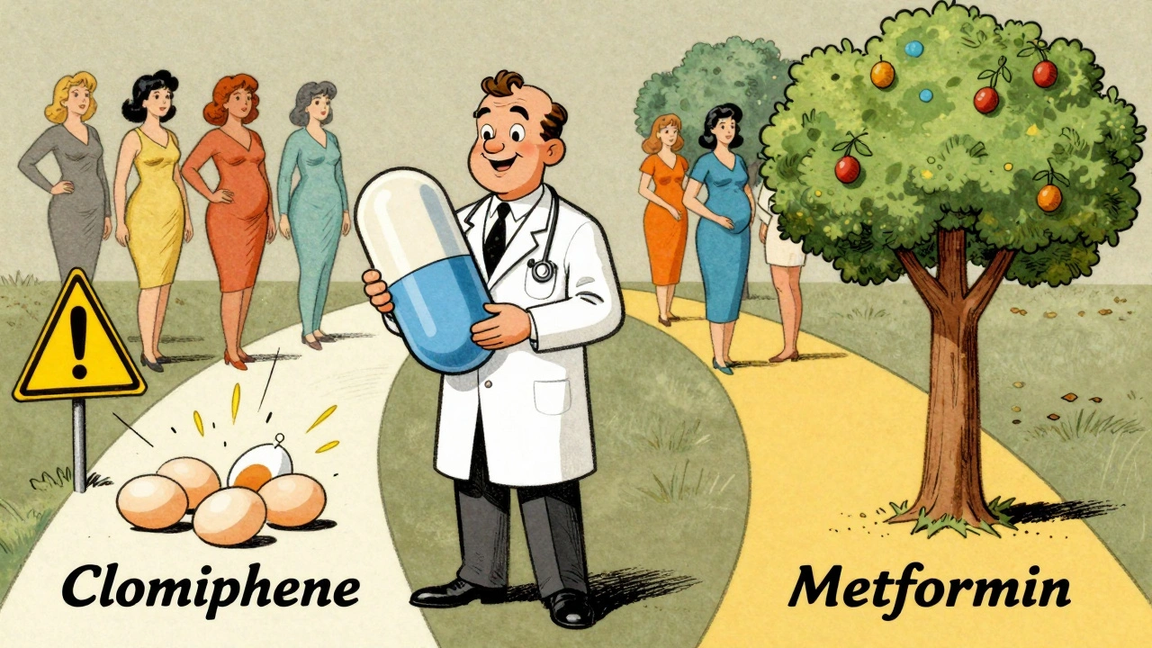 Doctor with metformin shield guiding women away from risky treatment toward a healthy pregnancy tree.