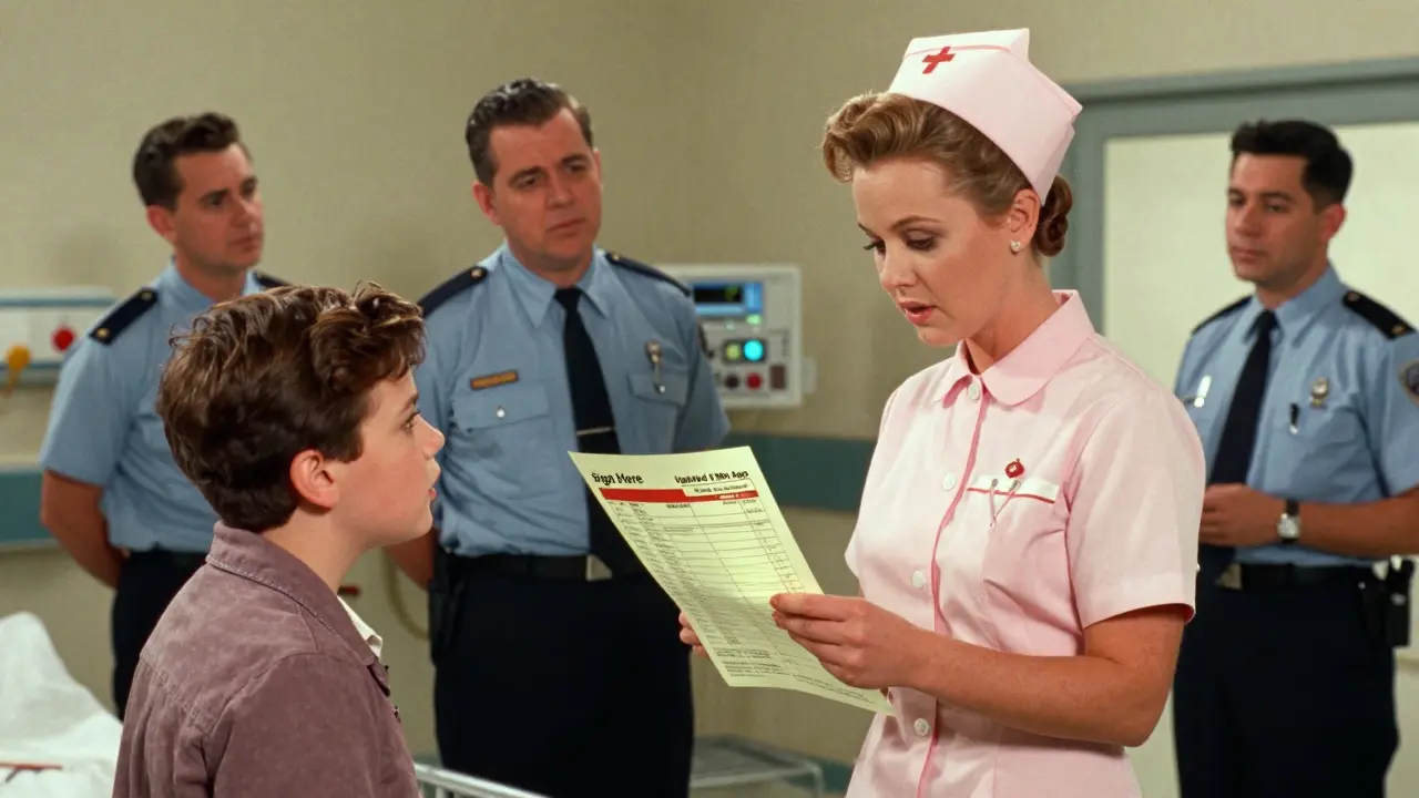 Emergency room nurse reviews Medication Action Plan with family member during crisis.