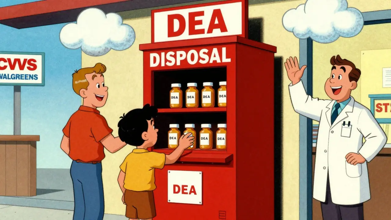 Family dropping medications into a pharmacy take-back kiosk.