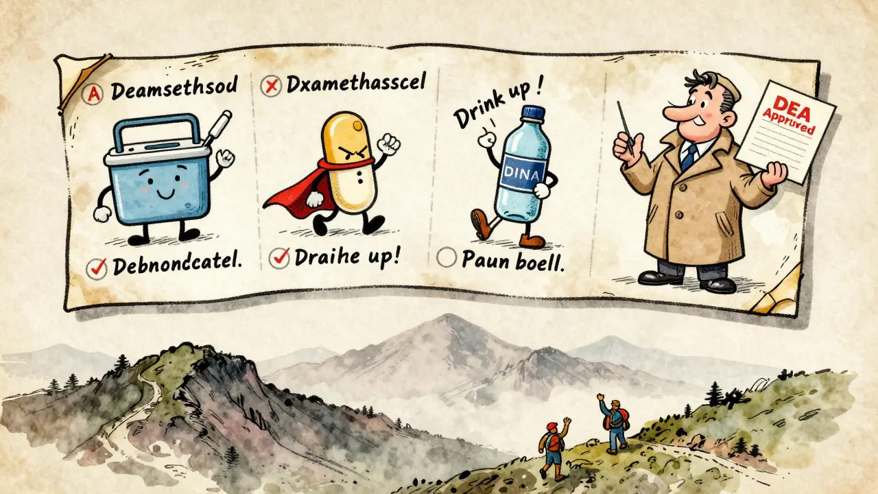 Floating checklist of meds as characters above a misty mountain range