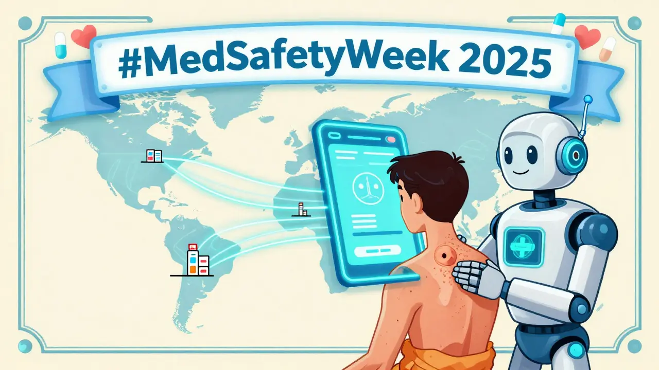 Friendly AI robot helps a patient report a rash, with data flowing to global healthcare networks.