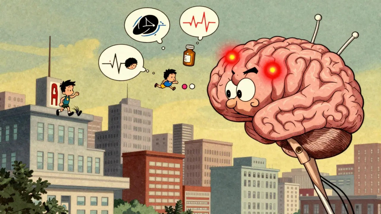 Giant AI brain scans a city of hospitals, pulling up health data from patients as alerts flash above.