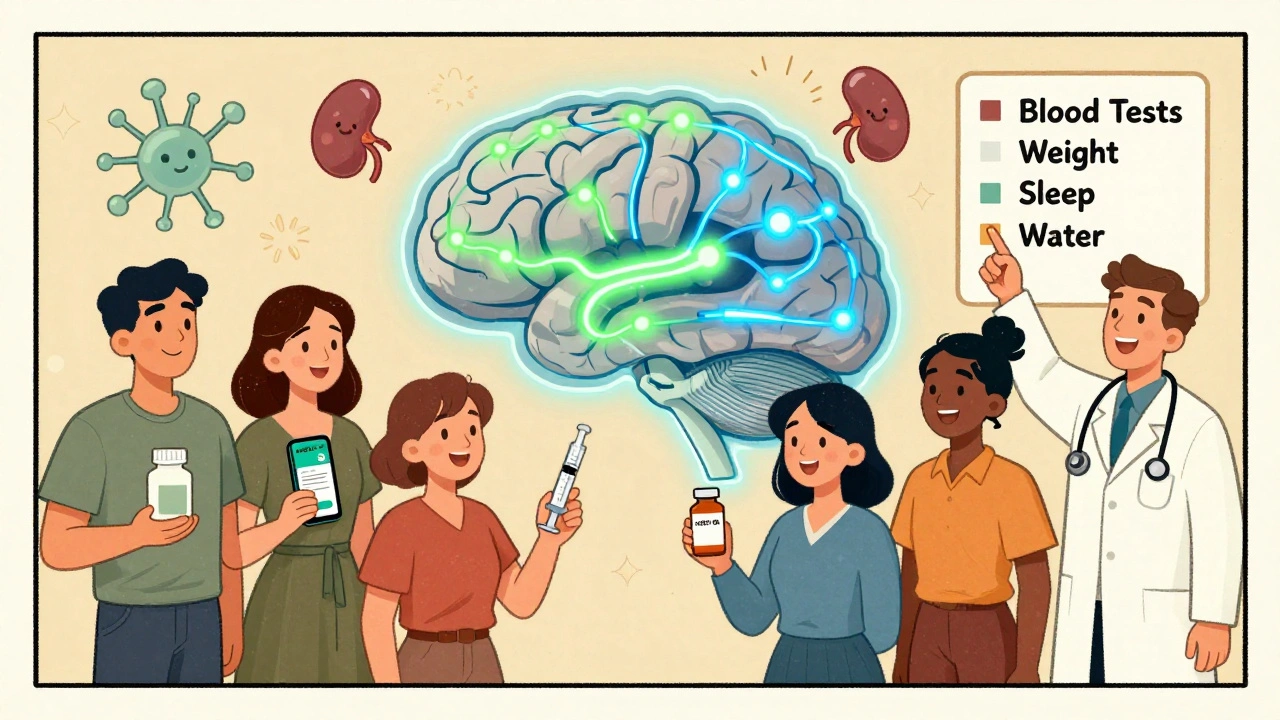 Group of people around glowing brain map with meds and app, doctor pointing to health checklist in vintage cartoon style.