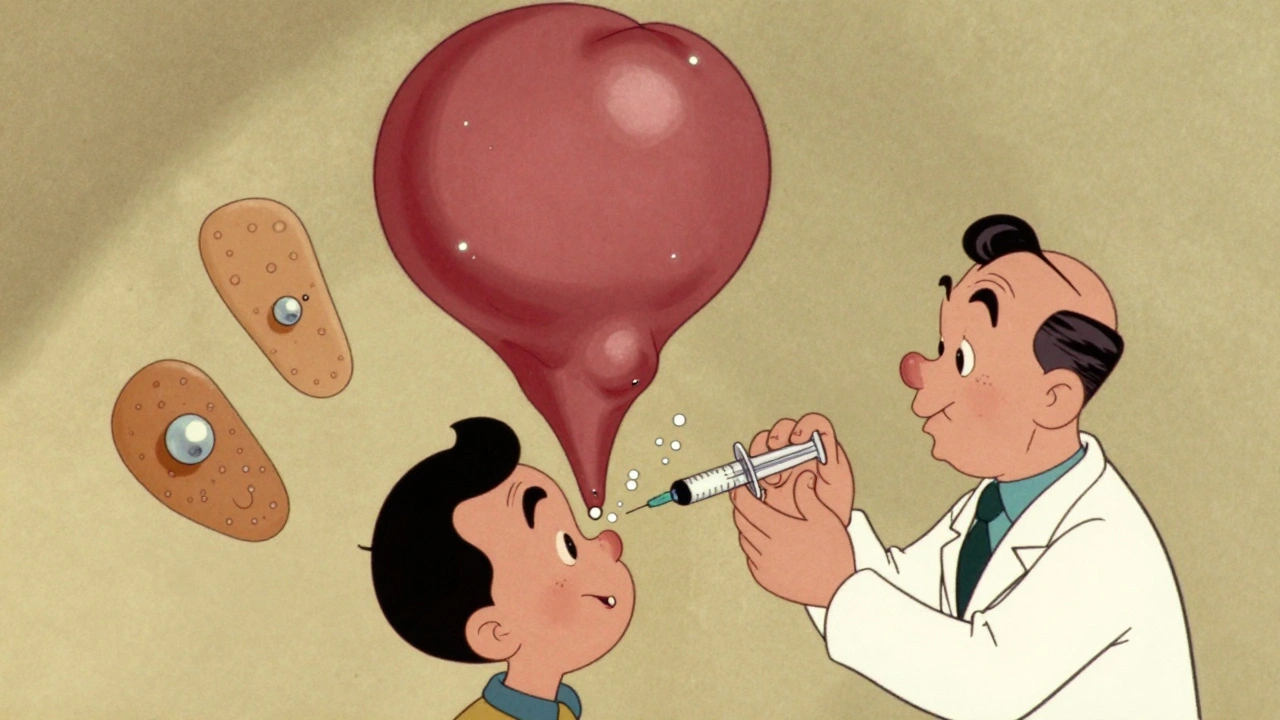 Keloid growing from ear piercing being deflated by steroid injections, with silicone sheets nearby.