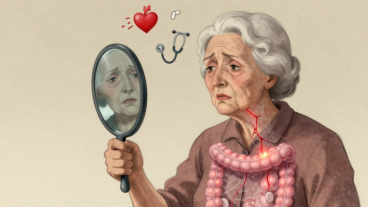 Pale elderly woman with glowing spiderweb blood vessels in her colon, signs of anemia around her.