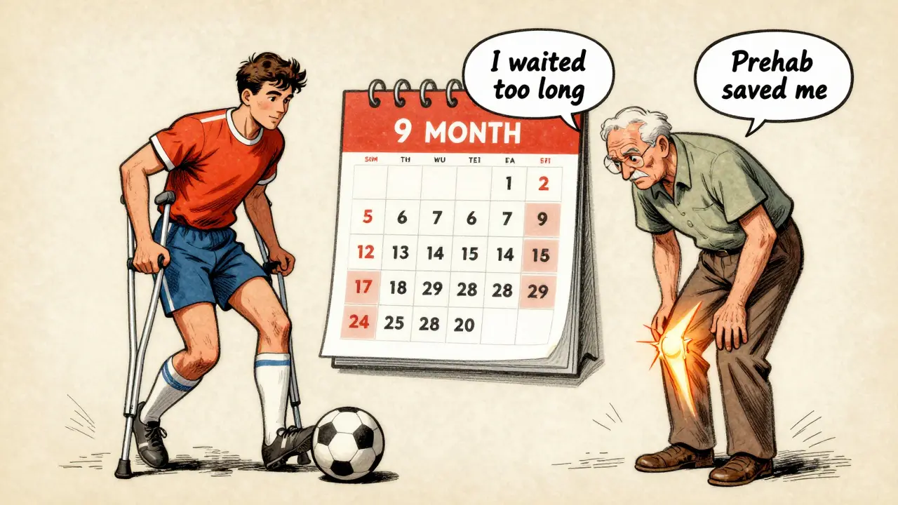 Patient comparing recovery paths: one with prehab success, one with delayed surgery and arthritis.